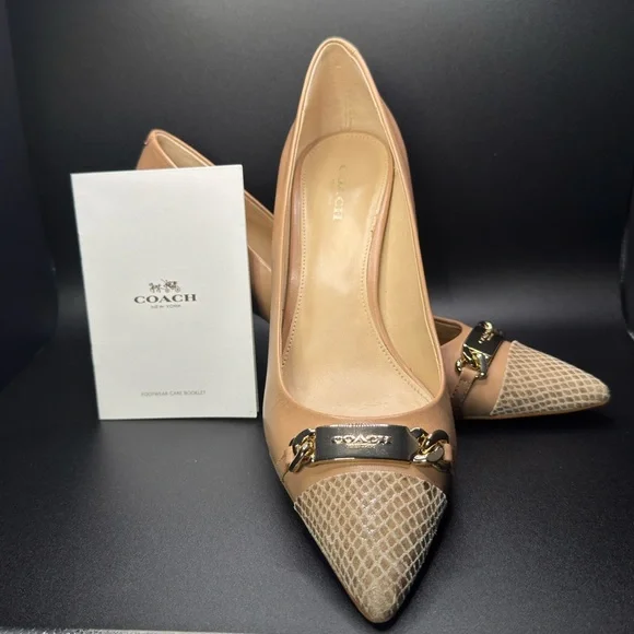 Coach Nude Pointed-Toe Flats with Gold Chain & Snakeskin Toe - Picture 6 of 12